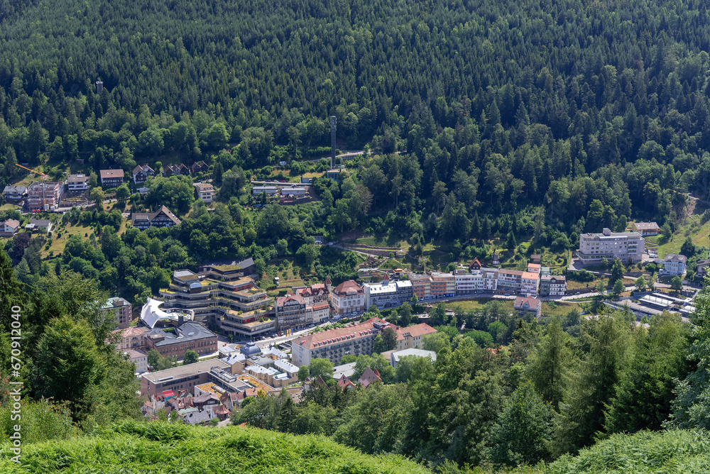Aerial view of the city of Bad Wildbad in the middle of forest
