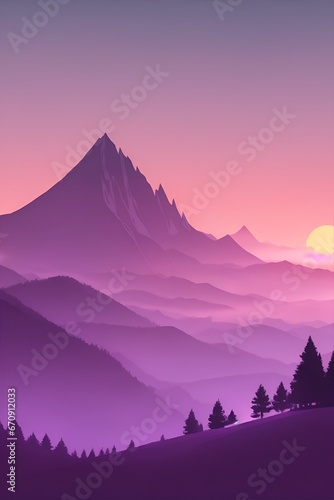 Misty mountains at sunset in purple tone, vertical composition © Thanh
