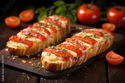 grilled garlic bread with melted cheese and tomato slices