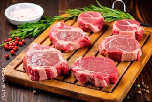 raw lamb chops with marked by a clean grill on a board