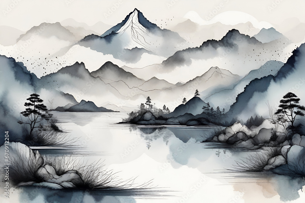 Abstract ink painting mountain and lake landscape background - obrazy, fototapety, plakaty 