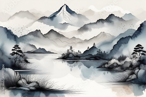 Abstract ink painting mountain and lake landscape background photo