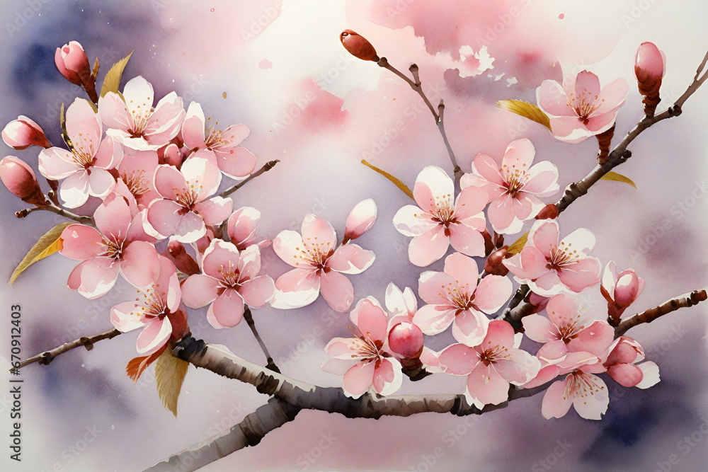 watercolor painting Pink cherry blossoms are in full bloom spring season.