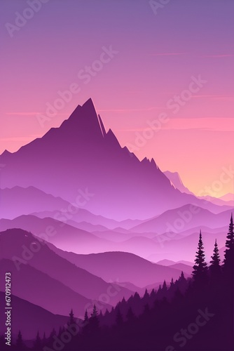 Misty mountains at sunset in purple tone, vertical composition