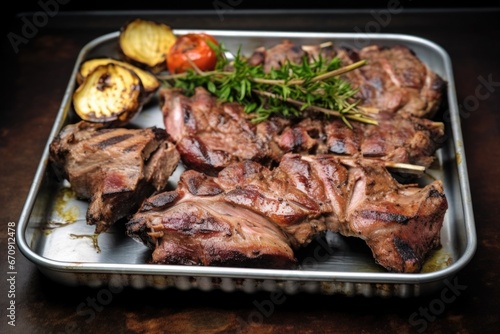 grilled lamb chop cut into pieces on a metal tray