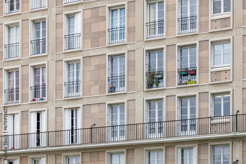 Focus on a reinforced concrete facade built by Auguste Perret after the Second World War Focus on a reinforced concrete facade built by Auguste Perret after the Second World War