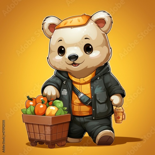 Cute Bear Bring Groceries With Trolley , Cartoon, Icon Illustration