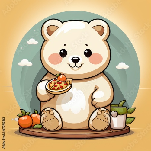 Cute Bear Eating Pizza   Cartoon  Icon Illustration