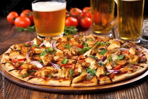 grilled chicken pizza with beer glasses arranged around