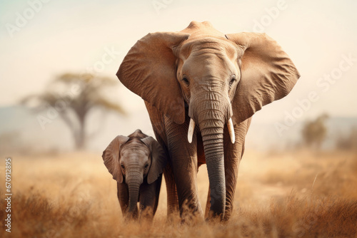 Adult and young elephants walking in the national park