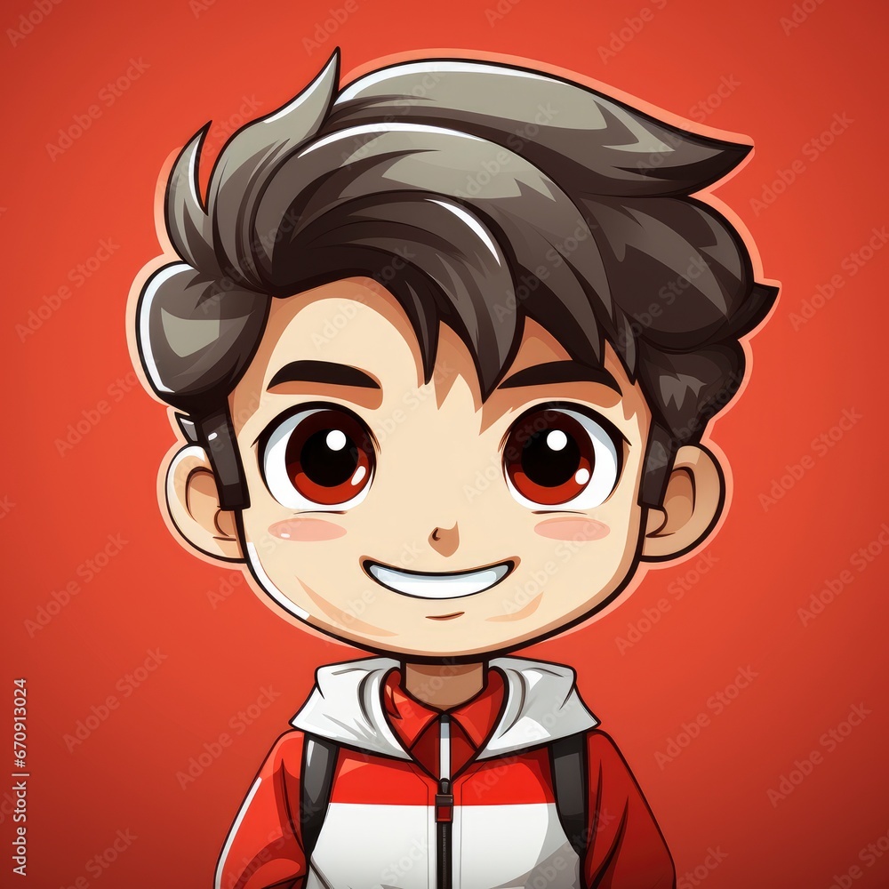 Cute Boy Bring Indonesia Flag , Cartoon, Icon Illustration