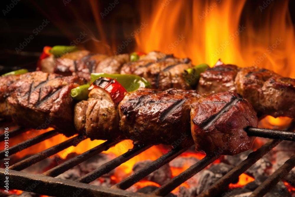 sizzling lamb kebabs on the grate, smoke and flames seen sizzling lamb kebabs on the grate, smoke and flames seen