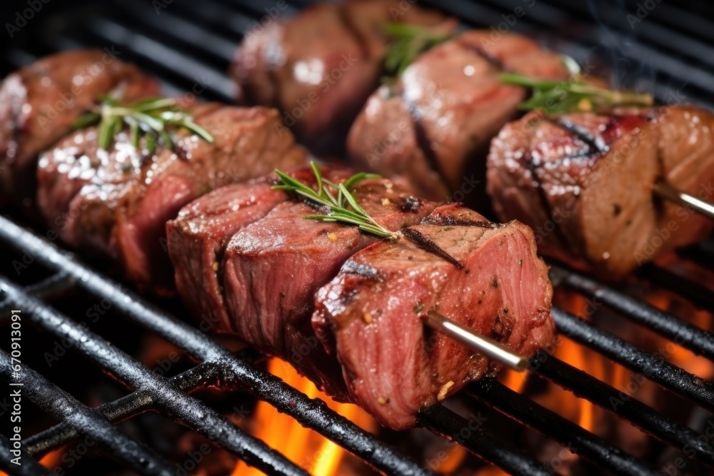 skewered lamb cubes with grill sear marks close-up