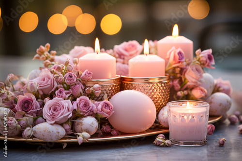 Softly glowing candles nestled among blush roses  set against the evening s bokeh lights  exude a dreamy and luxurious allure
