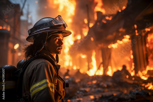 A firefighter stands resolute against the blazing backdrop, a portrait of courage and determination amidst the fiery chaos