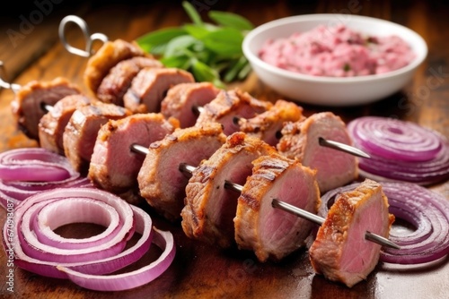 grilled lamb kebabs and fresh red onion rings