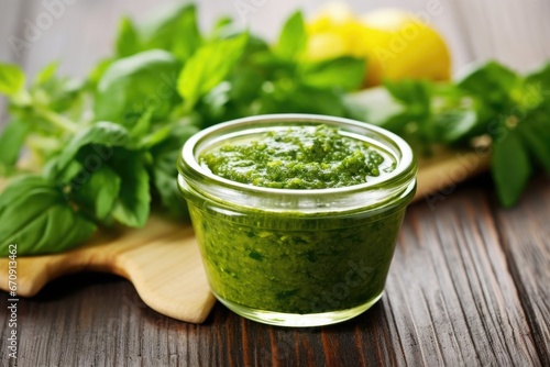 a bright green marinade with fresh mint leaves on top