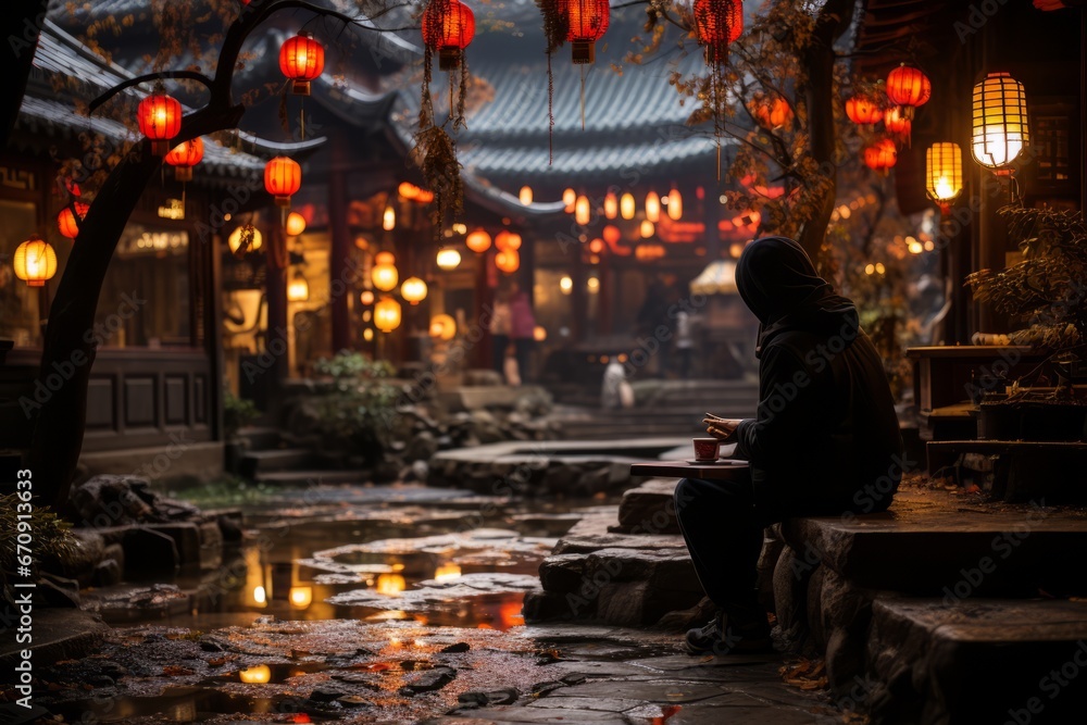 Quiet moment in a traditional Chinese courtyard with red lanterns, Generative AI Quiet moment in a traditional Chinese courtyard with red lanterns, Generative AI