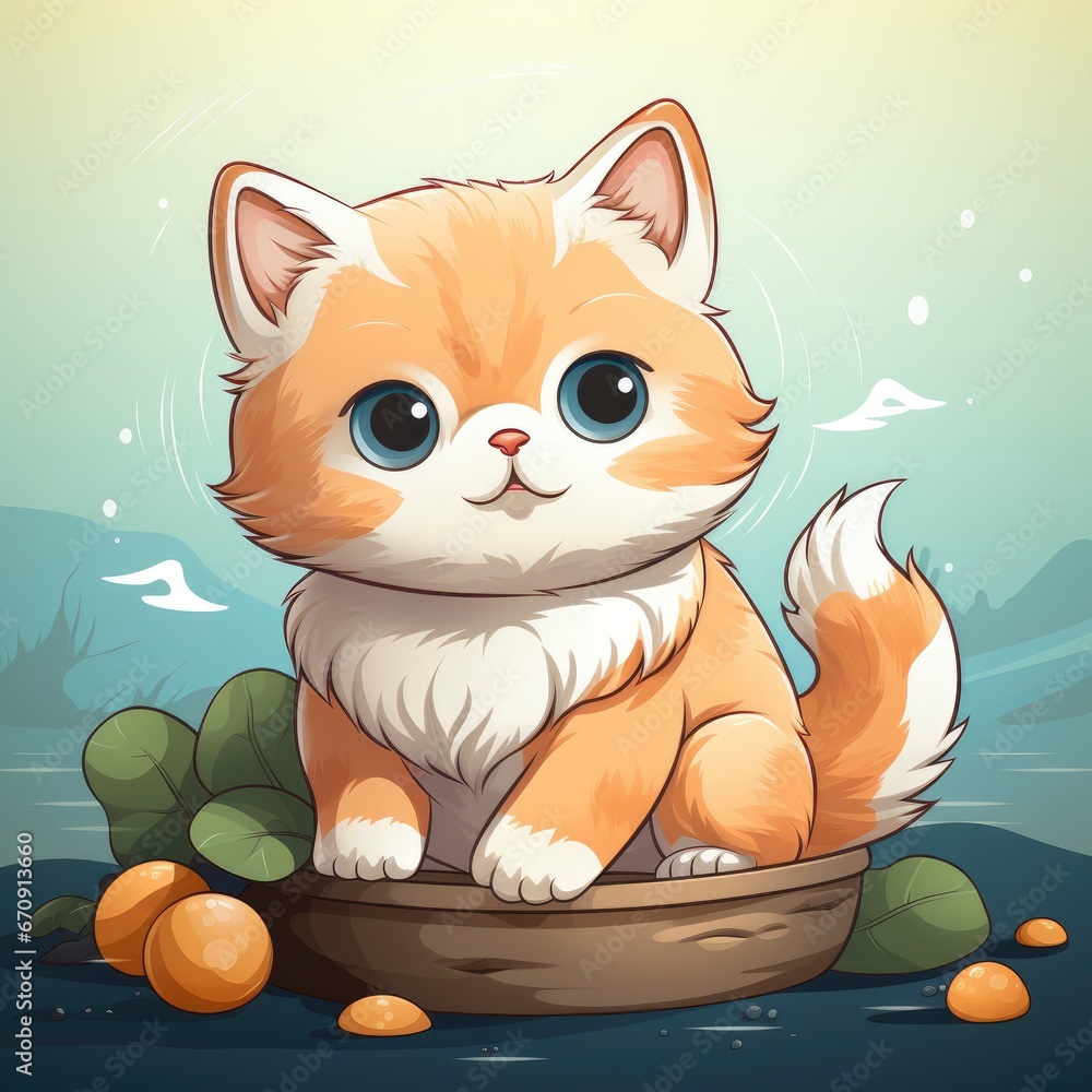 Obraz premium Cute Cat Holding Fish , Cartoon, Icon Illustration