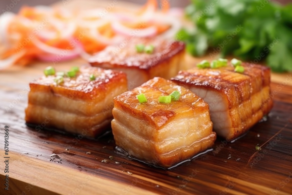 close-up of marinated pork belly on a wooden chopping board