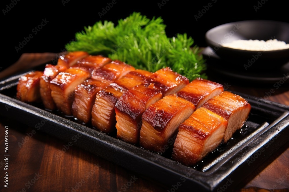 bbq marinated pork belly on a plain black dish bbq marinated pork belly on a plain black dish