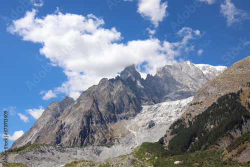 Mont Blanc mountain range on the border between France and Italy seen from the Valle di Aosta region