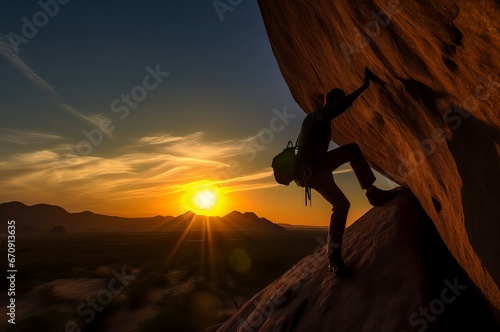 Climbing sunset rock high activity. Extreme hiking dusk crag. Generate Ai