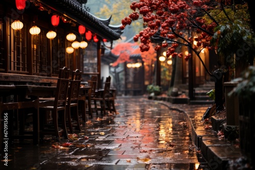 Quiet moment in a traditional Chinese courtyard with red lanterns  Generative AI