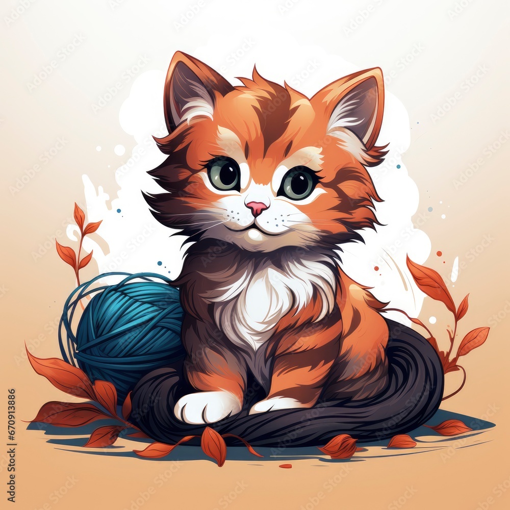 Cute Cat Playing Yarn Ball , Cartoon, Icon Illustration