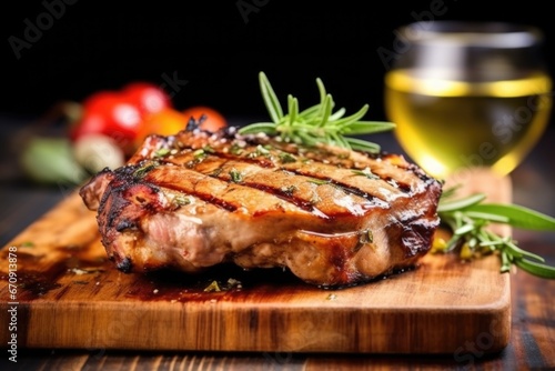 side view of a grilled pork chop on a board