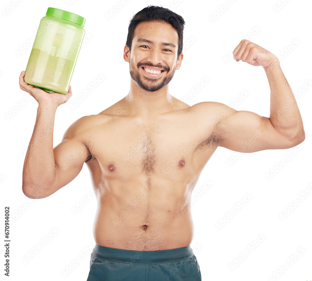 Protein shake, portrait and strong man for fitness, muscle and bodybuilder diet, gym and training. Asian person, energy drink and sports or exercise nutrition isolated on transparent, png background