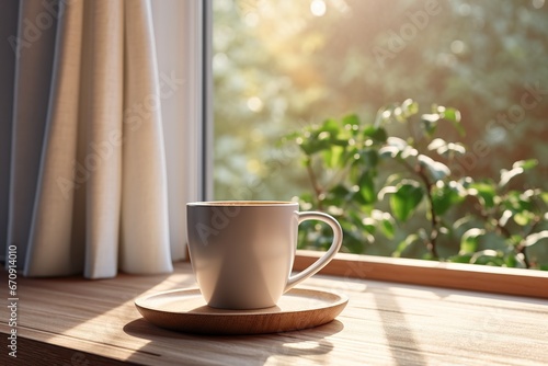 A cup of coffee sits on a windowsill next to a potted plant in the warm sunlight of Sunday afternoon. The scene is peaceful and inviting, perfect for a relaxing afternoon.