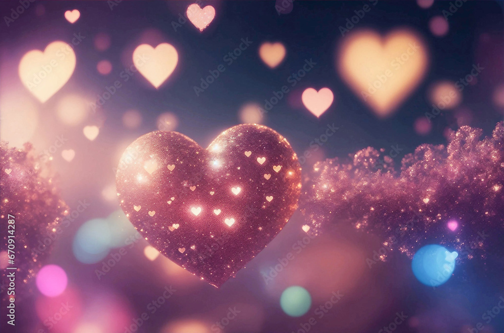 Shiny, sparkling, shimmering of small hearts. Abstract background, romantic atmosphere, Bokeh, vibrant colors, fantasy, intense detailed, high resolution. Generative AI.. Shiny, sparkling, shimmering of small hearts. Abstract background, romantic atmosphere, Bokeh, vibrant colors, fantasy, intense detailed, high resolution. Generative AI..