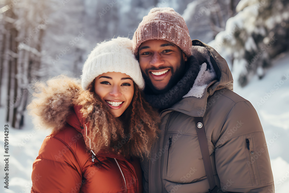 Beautiful young heterosexual African American couple in winter clothes hugging, smiling and looking at camera