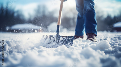 A man with a snow shovel clears sidewalks and roads in winter. Winter time. Volunteering concept. photo