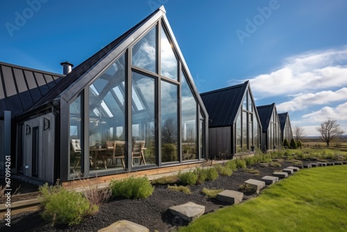 glass windows reflecting the sky in a farmhouse with a metal roof