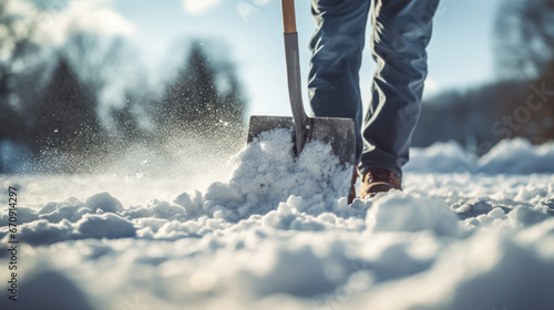 A man with a snow shovel clears sidewalks and roads in winter. Winter time. Volunteering concept. photo
