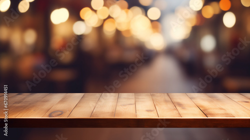 Empty Wooden Table for Product Placement  with blurred background. Ai generative.