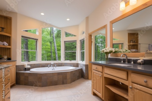 master bathroom with floor-to-ceiling cabin windows