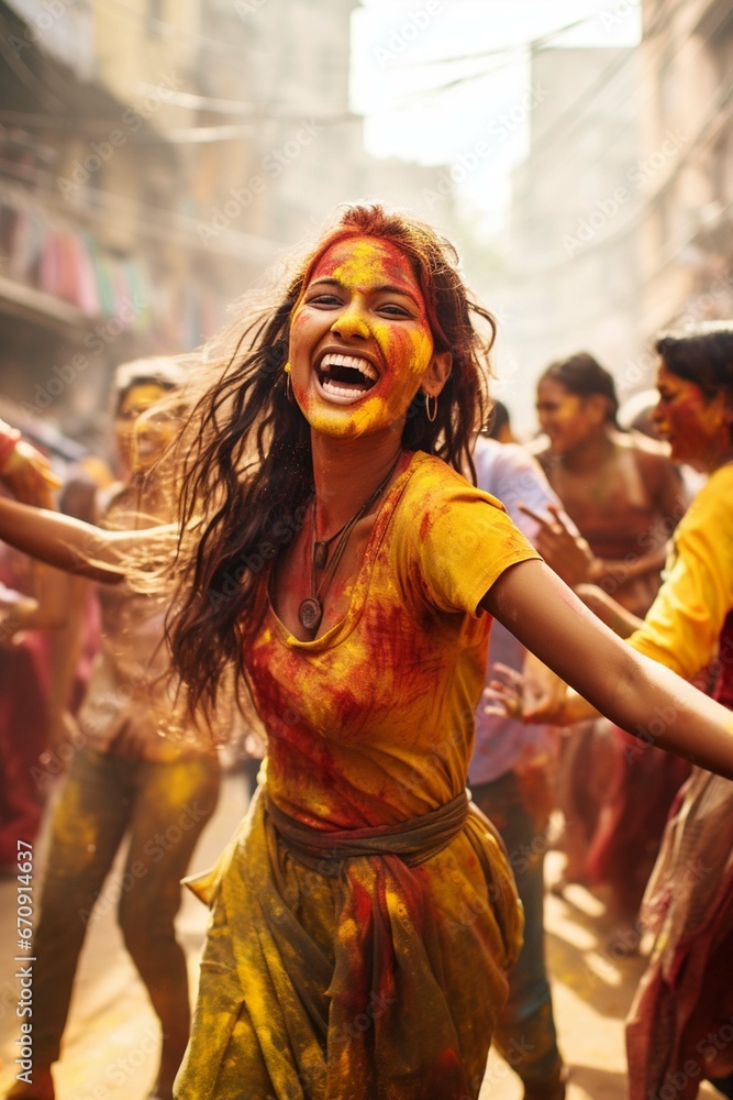 Beautiful Indian woman dancing in the street of India, Holi festival, Phagwah, Bhojpuri, multi-colored powder	, 
festival of colors