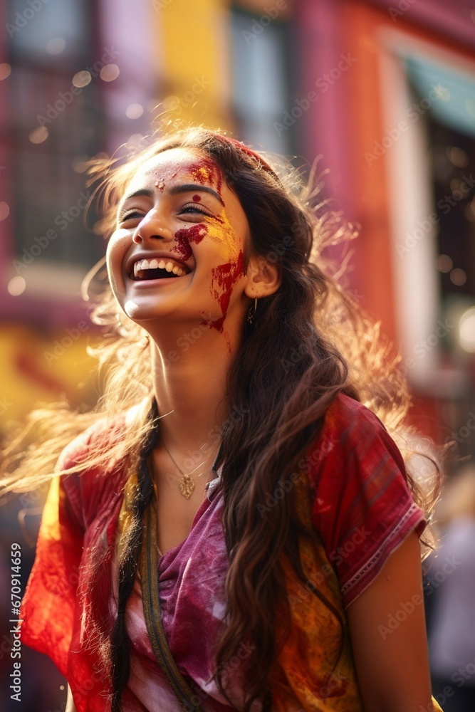 Beautiful Indian woman dancing in the street of India, Holi festival, Phagwah, Bhojpuri, multi-colored powder	, 
festival of colors