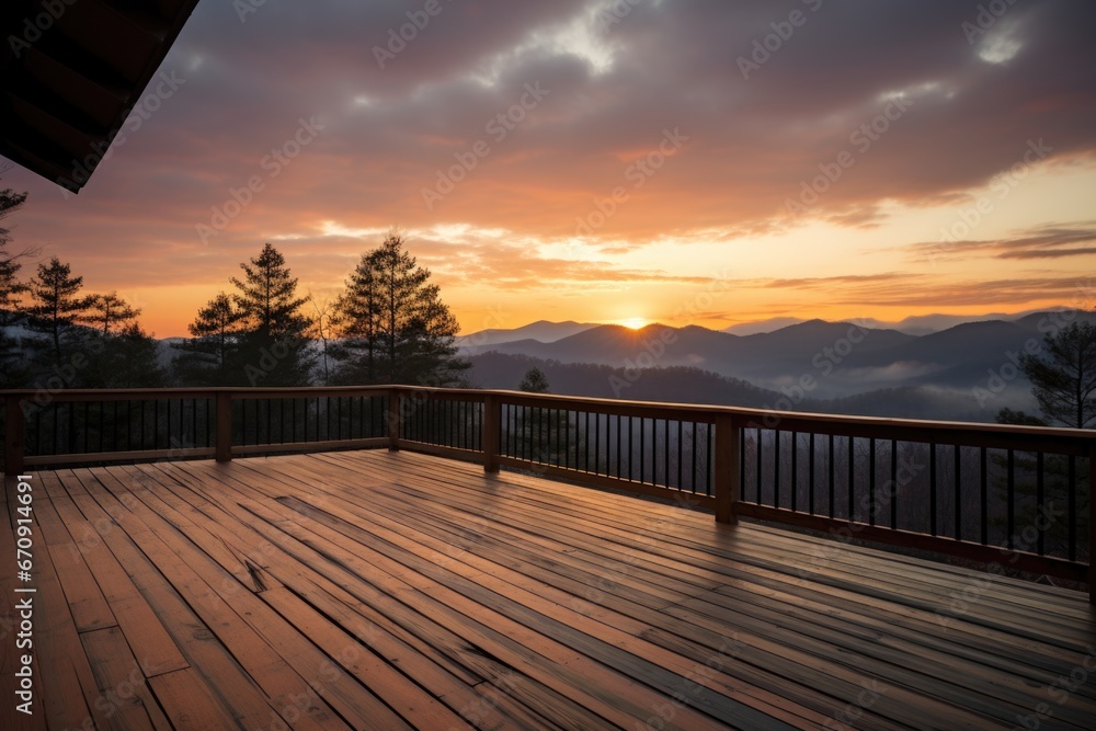 wooden deck of a mountain cabin at sunrise