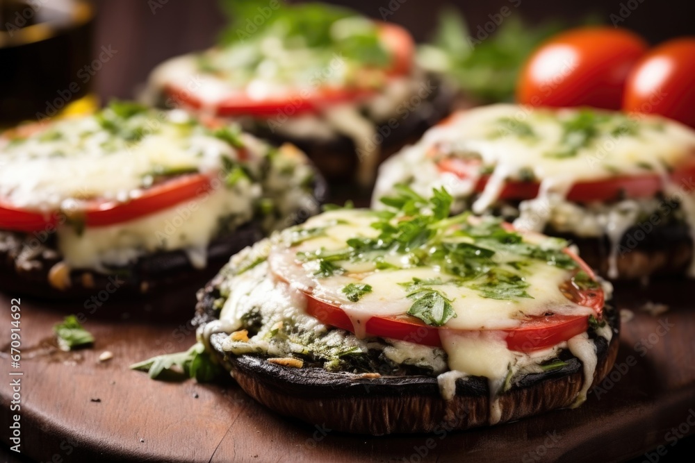 close shot of stuffed grilled portobello mushrooms with cheese close shot of stuffed grilled portobello mushrooms with cheese