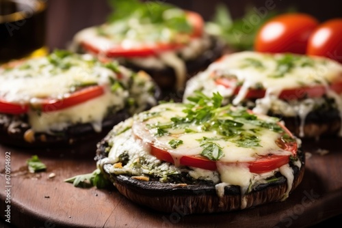 close shot of stuffed grilled portobello mushrooms with cheese