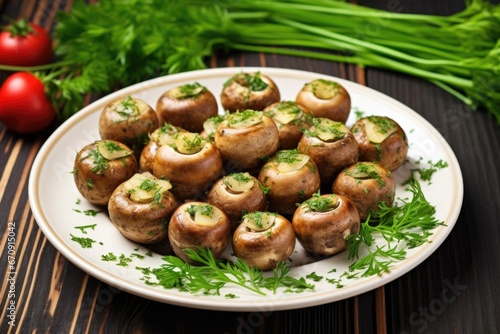cheese-filled mushrooms garnished with fresh herbs on a plate