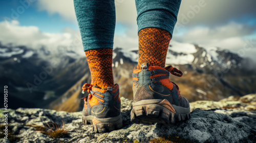Hiking boots. Close-up of female legs in hiking boots and knitted wool socks on top of a mountain while hiking outdoors.