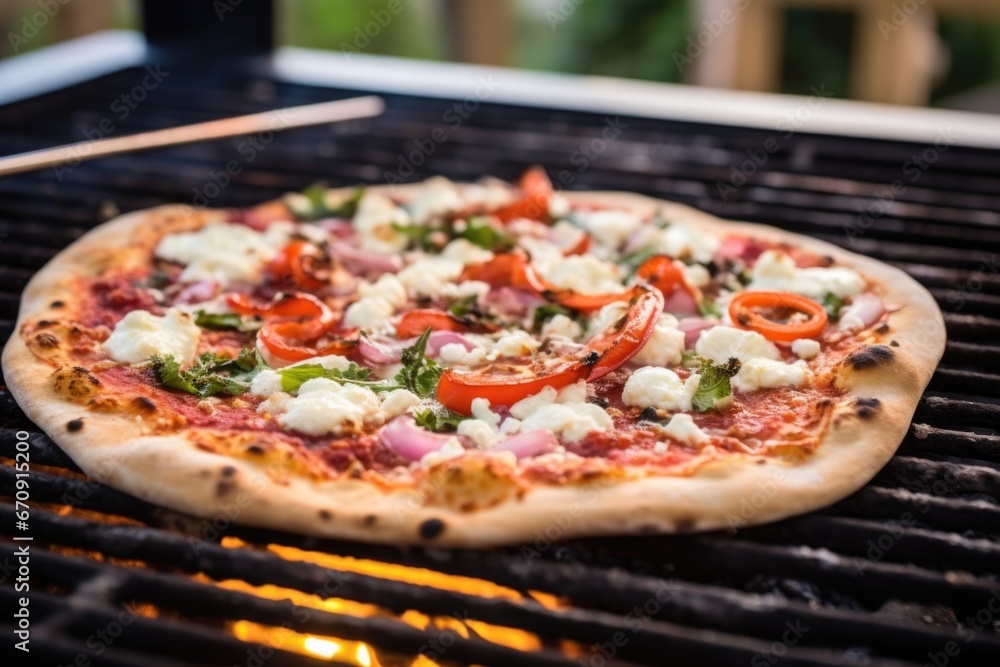 burning coal under the bbq grill with a pizza topped with feta cheese