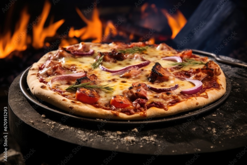 smoke-covered bbq pizza with melting cheese