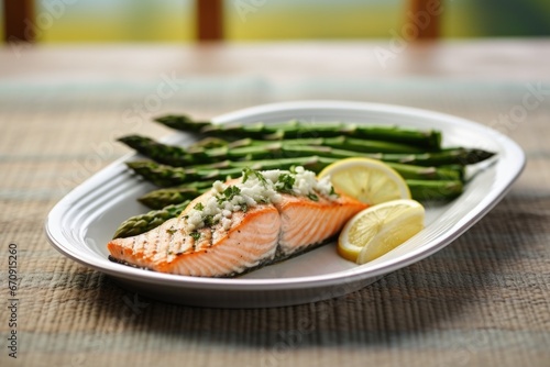 plated salmon with grilled asparagus