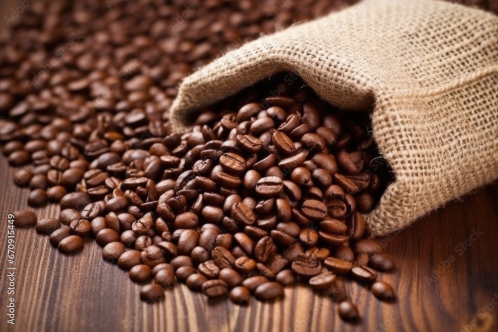 macro shot of coffee beans in a burlap sack